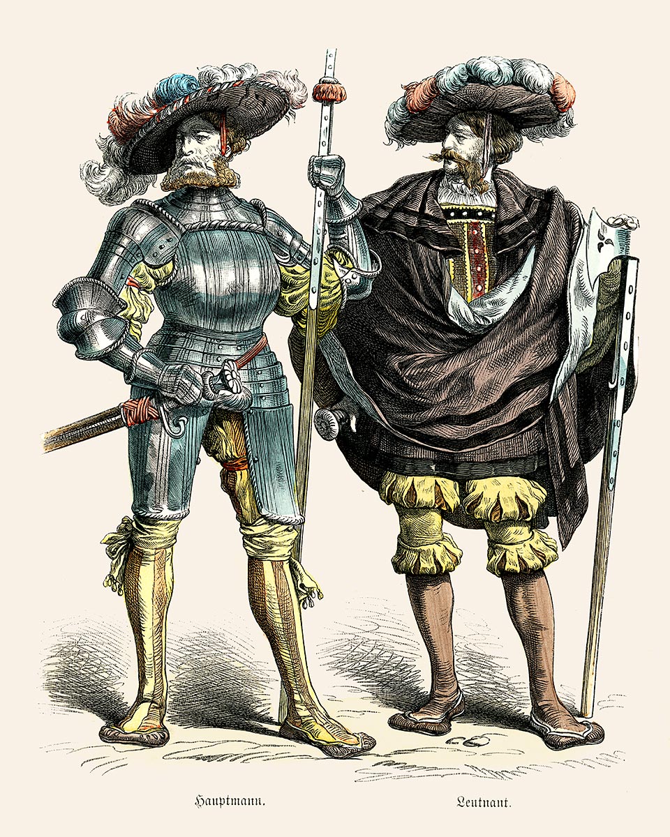 Two Landsknechte, captain (hauptmann) and lieutenant (leutnant), standing attentively. Weapons are resting in hand but not drawn, waiting for a reply.