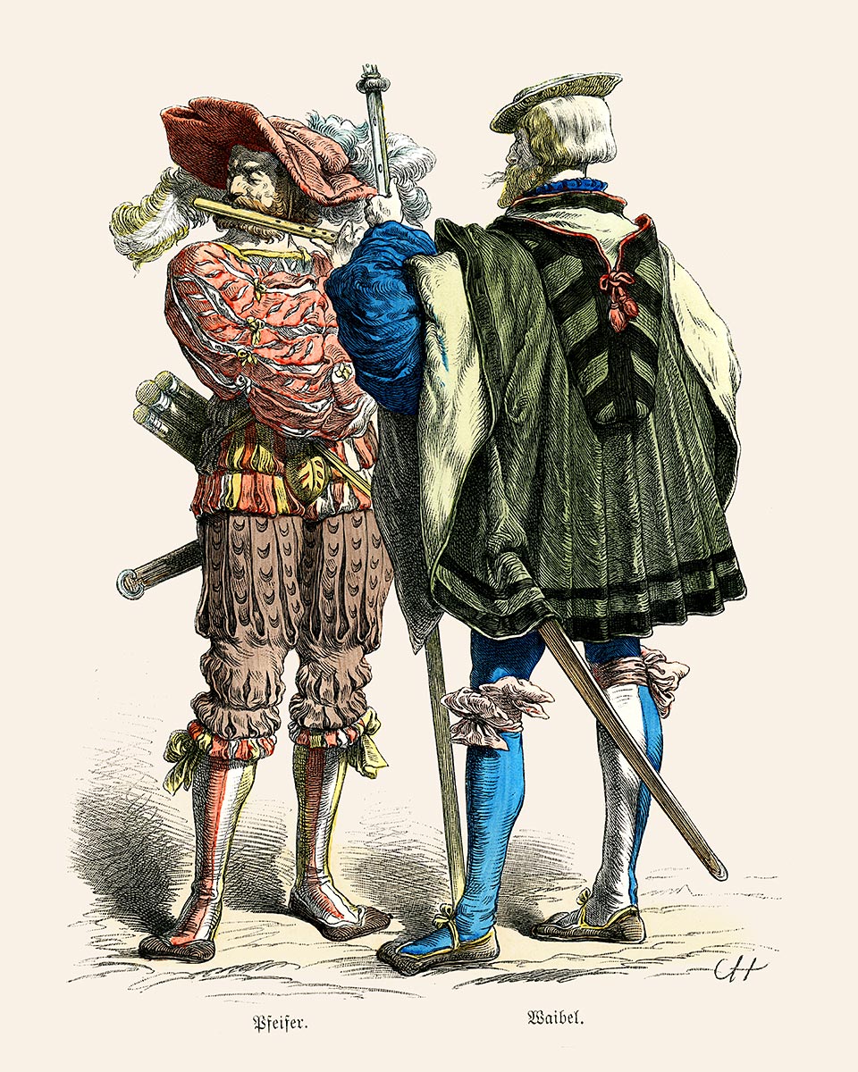 Two Landsknechte, fifer (pfeifer) and sergeant (waibel), standing at ease. The fifer entertains the sergeant with a musical performance.