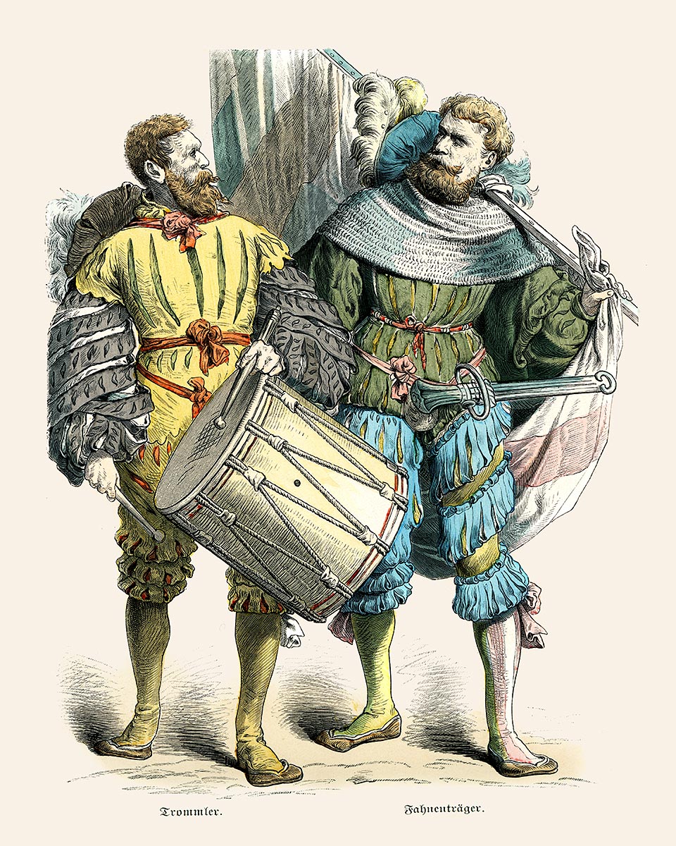 Two Landsknecht, drummer (trommler) and flag-bearer (fahnenträger), walk alongside eachother engaged in conversation.