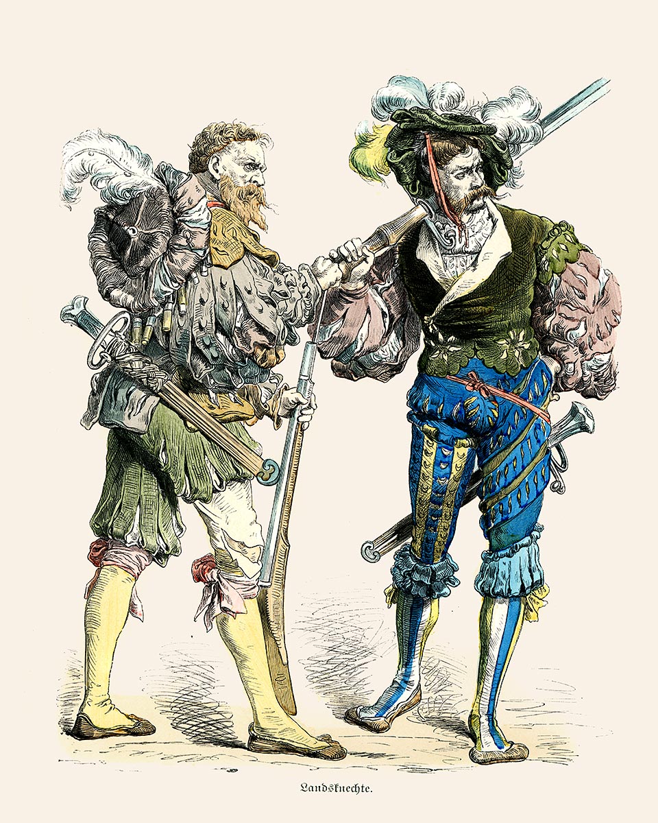 Two Landsknechte looking outward, ready to interrogate. One rests their two-handed sword (Zweihänder) across the shoulder while the other loads their arquebus, pushing ammunition down the barrel with a scouring rod.
